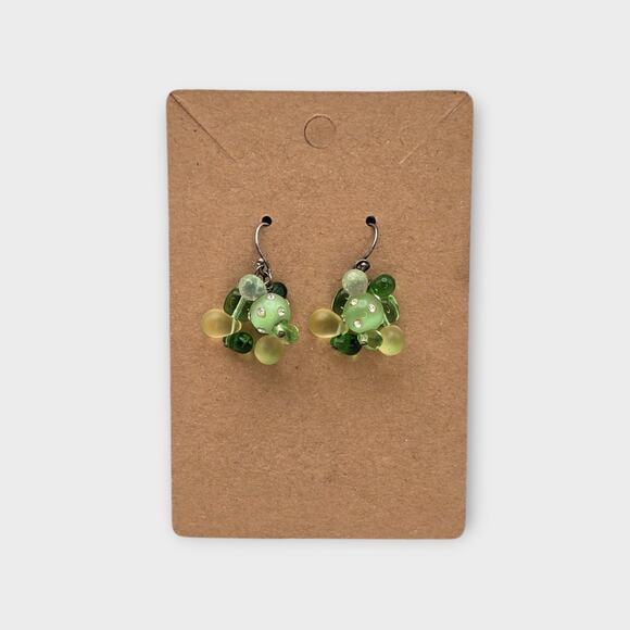 Green Glass Bead Cluster Dangle Earrings Rhinestone Accent - Picture 7 of 8